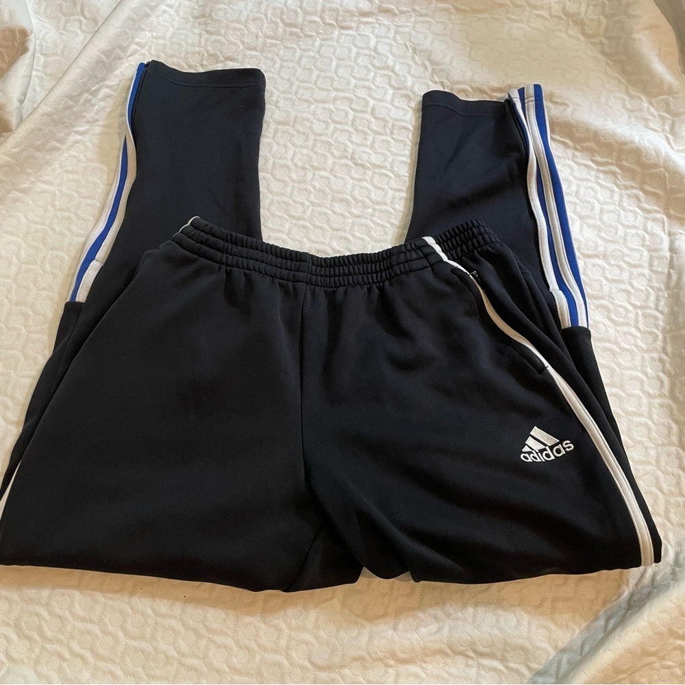 Vintage Y2K Adidas Track Pants Men’s Medium Black Blue 3 Stripe Zip Bottom 2000